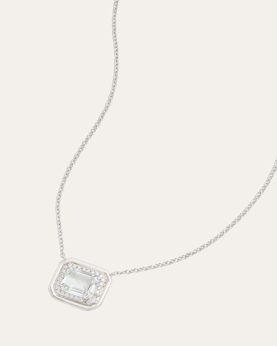 18K White Gold Pendant Necklace with Emerald Cut White Topaz and Diamonds